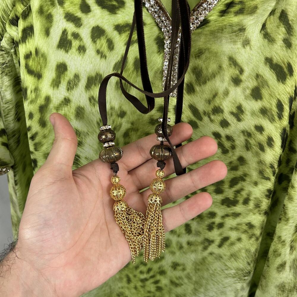 Kasia De Gelaque Dress One Size Kaftan Silk Maxi Leopard Green Rhinestone Boho - Picture 4 of 12